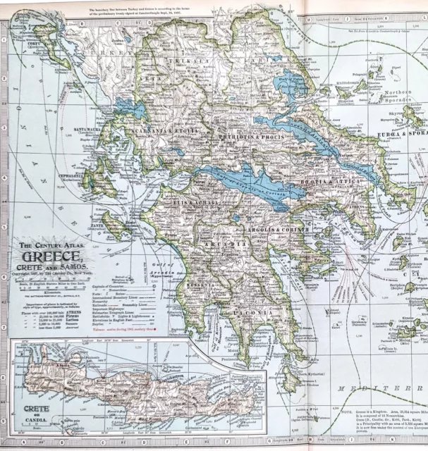 1899 Greece Map ORIGINAL Athens Sparta STEAMSHIP ROUTES RAILWAYS Crete