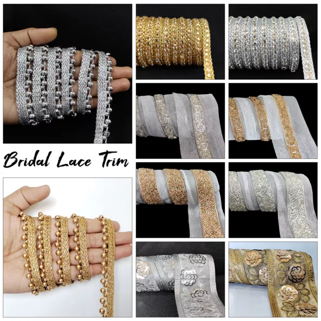 Indian Silver/Gold Rhinestone Beaded Lace Ribbon Trimming Bridal Edging Craft 4M