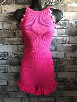 Womens Crochet Gold Button Top & Shorts Smart Summer Coord Outfit Set, Pink, S/M