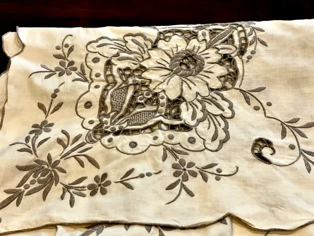Wonderful Ecru Cotton Hand Crafted Madeira Tablecloth C 1960'S