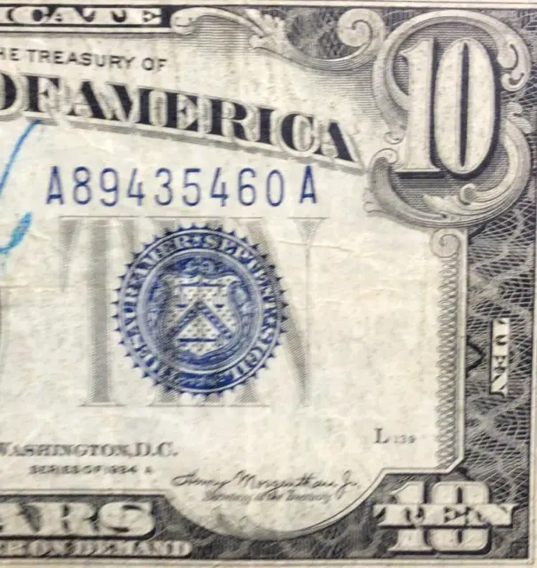 1934A $10 "Blue TEN" SILVER Certificate X5460! Old US Paper Currency!
