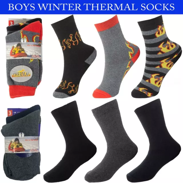 3 Pairs Boys Thermal Socks Kids Winter Warm Childrens Teens Thick Boot Sock