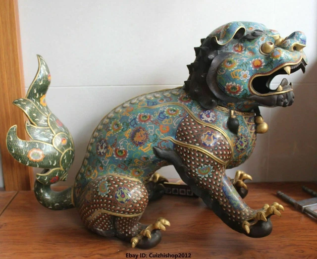 28" Tibetan Cloisonne Bronze 24k Gold Dragon Lion Unicorn Incense Burner Censer