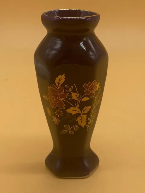 Vintage Miniature Dark Blue Oriental Style Gold Floral Motif Porcelain Vase