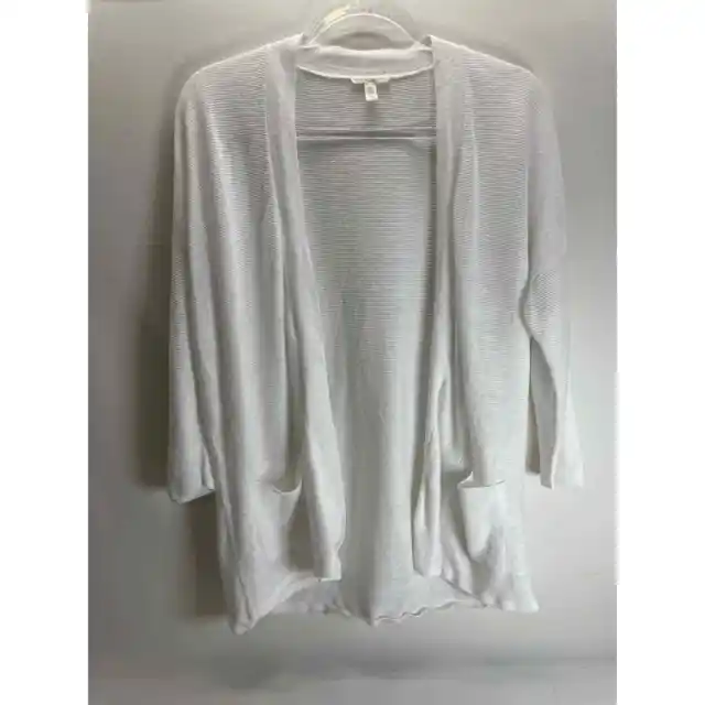 Eileen Fisher White Knit Open Front Cardigan Organic Linen Size Medium