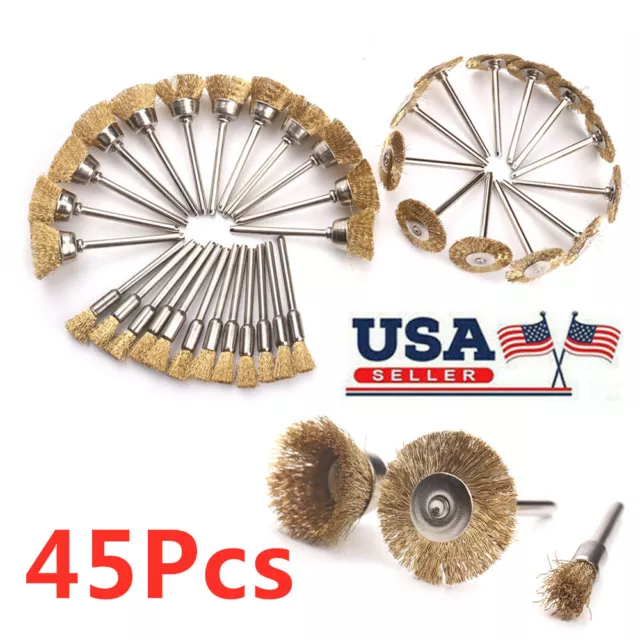 45pcs Brass Wire Pen Cup Wheel Brush Set For Drill Metal Cleaning Rust Sanding