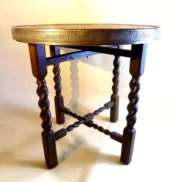 English Antique Barley Twist Folding Table. Brass Top. Useful .Genuine.