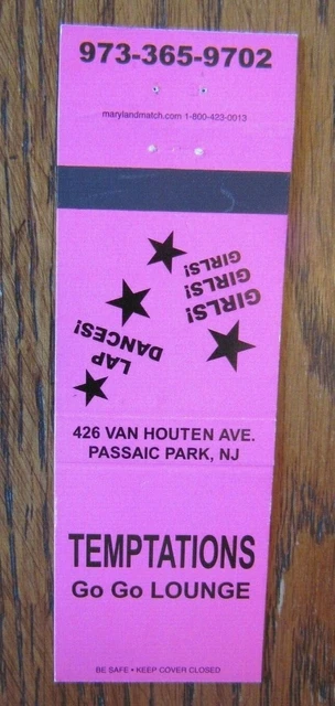 GIRLIE: TEMPTATIONS GO-GO Strip Club Matchcover (Passaic Park, New