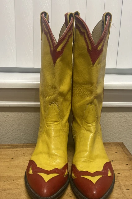 Larry Mahan Vintage  Yellow And Red Western Cowgirl Boots Sz 7 R