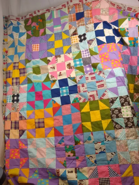 Vintage Quilt top 1960's western shirt fabric psychedelic prints machine 82x70" Vintage Quilt top 1960's western shirt fabric psychedelic prints machine 82x70"