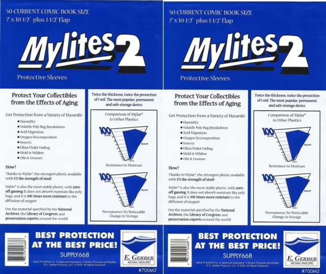 100 Mylites2 CURRENT (Modern) 2 mil Mylar Comic Sleeve Bags  by E. Gerber 700M2
