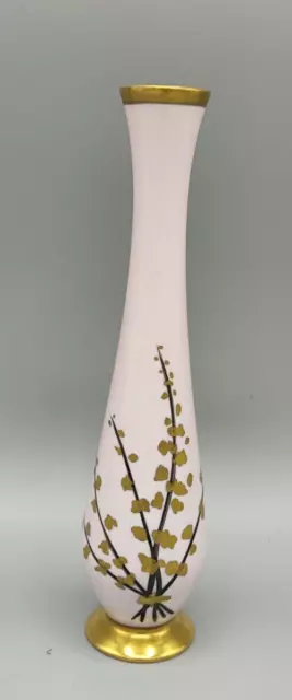 Vase soliflore en porcelaine de Limoges décor de fleurs dorées sur fond rose