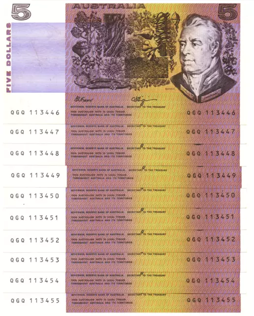 AUSTRALIA - 10x aUNC $5 BANK NOTES in consecutive order