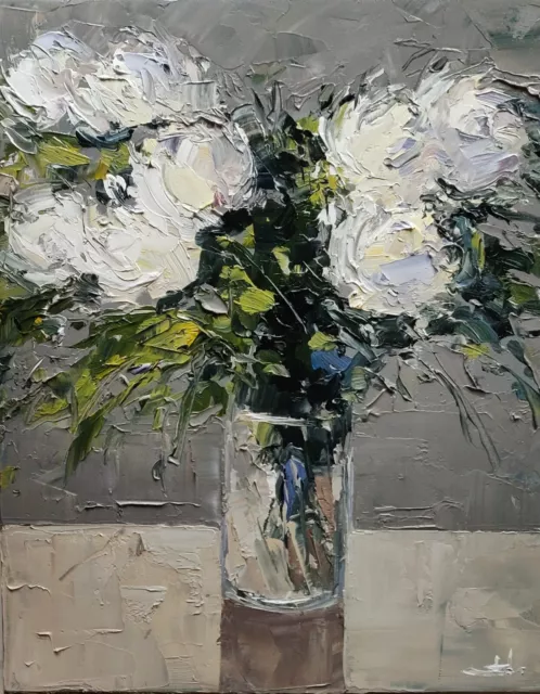 White Flowers Oil Painting Vivek Mandalia Impressionism 16X20 Original Signed