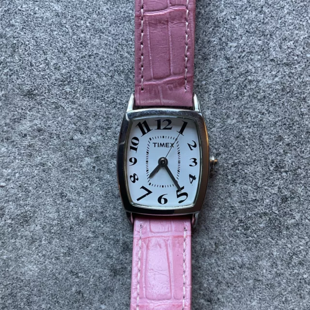 Timex Womens Tank Style Watch 23mm Silver Tone Case With Pink Leather Band D1