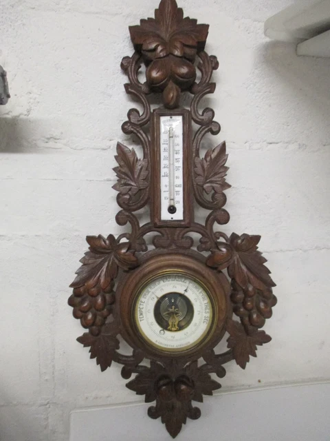 BAROMETRE ANCIEN EN Bois Sculpté / Thermometre Email - Foret Noire EUR