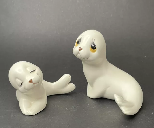 Vintage Porcelain 2 White Seal Figurines Baby & Mother Made in Mexico