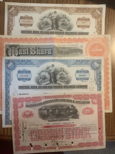 Mixed Lot of 4 Different Railroad Stock Certificates and Bonds Certificates