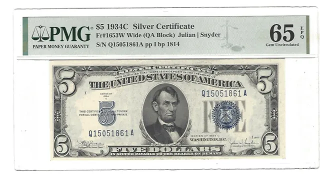 1934 C $5 Silver Certificate Start Note Silver Certificate Julian/Snyder Pmg-65
