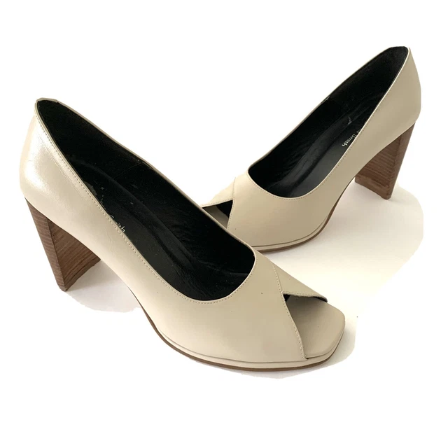 Amanda Smith Hanna Cream Leather Square Peep Toe Pumps Heel Ladies Shoes Sz 9