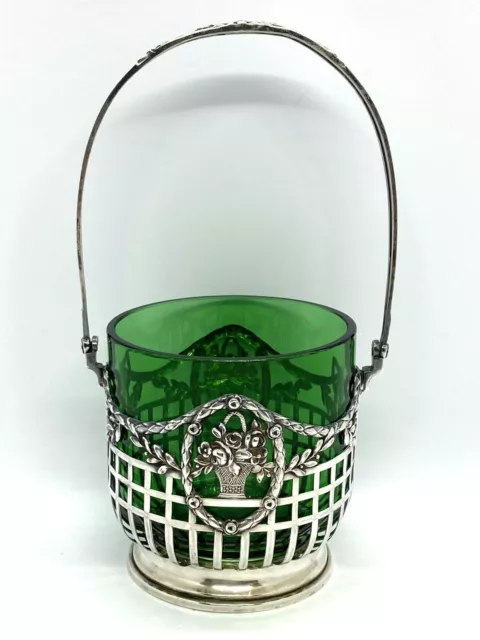 Antique C1900’s Germany 800 Silver Green Glass Candy Basket 6.3/4 3.1/8” 93g