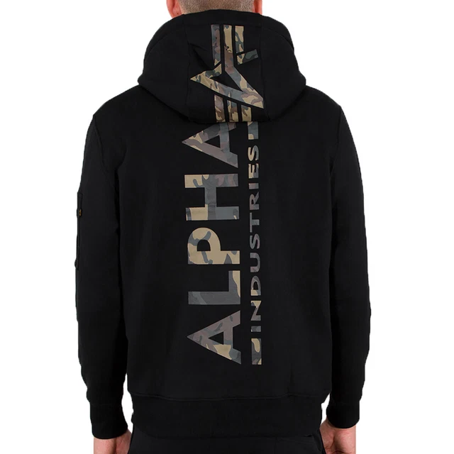 Alpha Industries Felpa con Cappuccio da Uomo Back Stampa Mimetici Black/Woodland