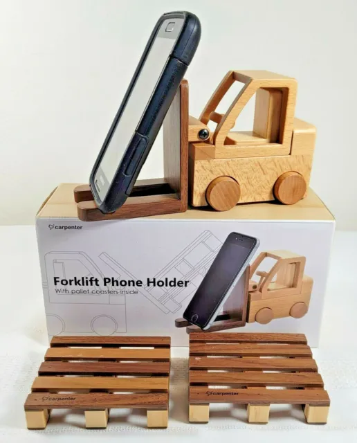Wooden Forklift Adjustable Phone Holder Stand with Coasters