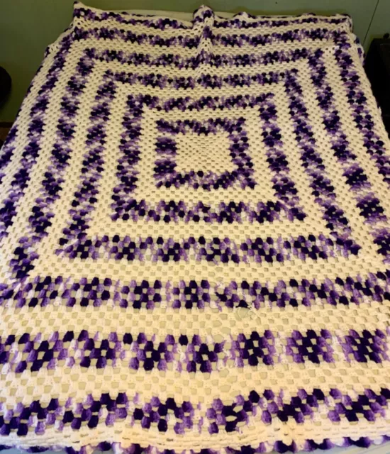 VTG Purple Ombré /Cream Hand  Knitted Crochet Afghan Full Size Blanket 80x66”