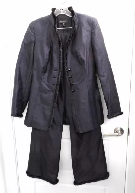 New Escada Black Silk Mink Trim Jacket Pant Suit sz EURO 36/ 38