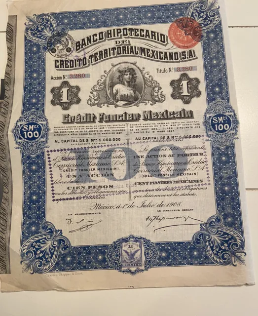 Mexico - Banco Hipotecario de Crédito Territorial Mexicano - 1908 - share  R9B11
