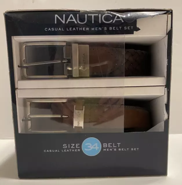 NEW Nautica Casual Leather Mens Belt 2 pack Set Size 34 Burnished Tan