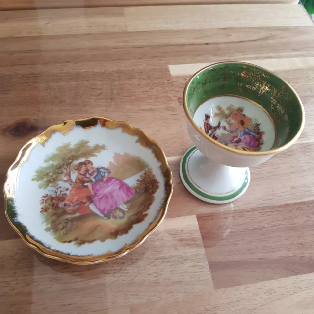 Set Vintage Limoges Mini Porcelain Lovers Plate and mini bowl on pedestal France