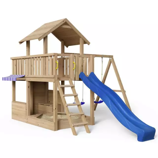 Spielturm Mia – Spielwelt – 362 - natürlich Lärchenholz mit blauer Rutsche