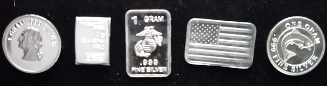 5 X 1 Gram .999 Silver Bullion Bar + Round (Valcambi Salmon US Flag Marine)
