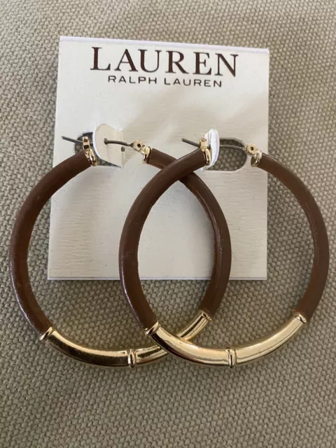 Ralph Lauren Gold Tone Brown Leather Accent Hoop Earrings • Brand new