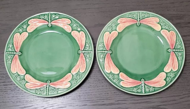 Set of 2 Bordallo Pinheiro Salad Plate Multicolor 8 " Dragonfly Pattern Portugal