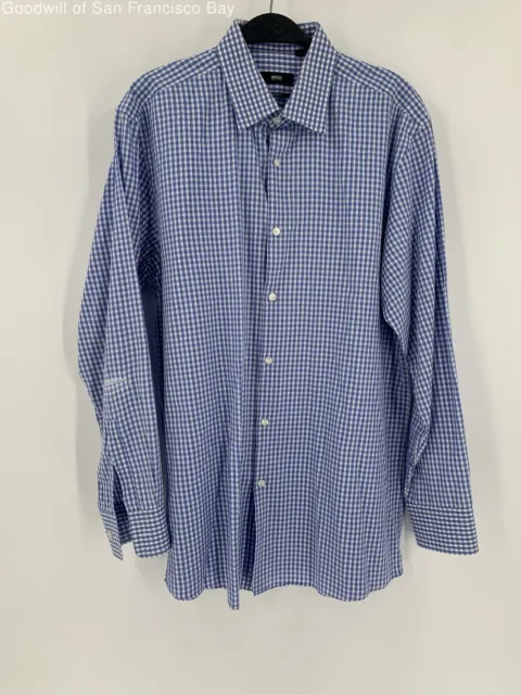 Hugo Boss Mens Blue White Check Long Sleeve Sharp Fit Button Up Shirt Size 16.5