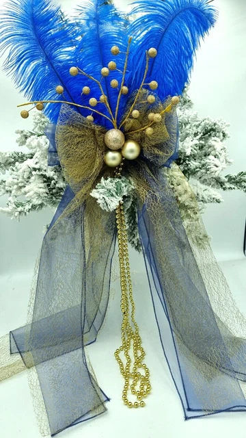 Blue Gold Christmas Tree Topper Bow Large Handmade Luxury Bows Decor Free P&P
