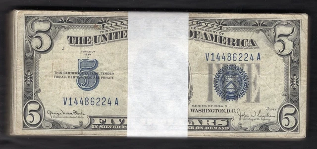 Lot Of (100) 1934 $5 Five Dollars Silver Certificates Currency Notes Vg-Vf