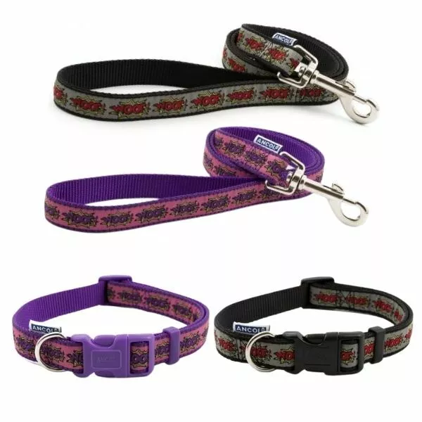 Ancol Dog Collar or Lead Woof Comic Design Adjustable Quick Release Nylon Puppy