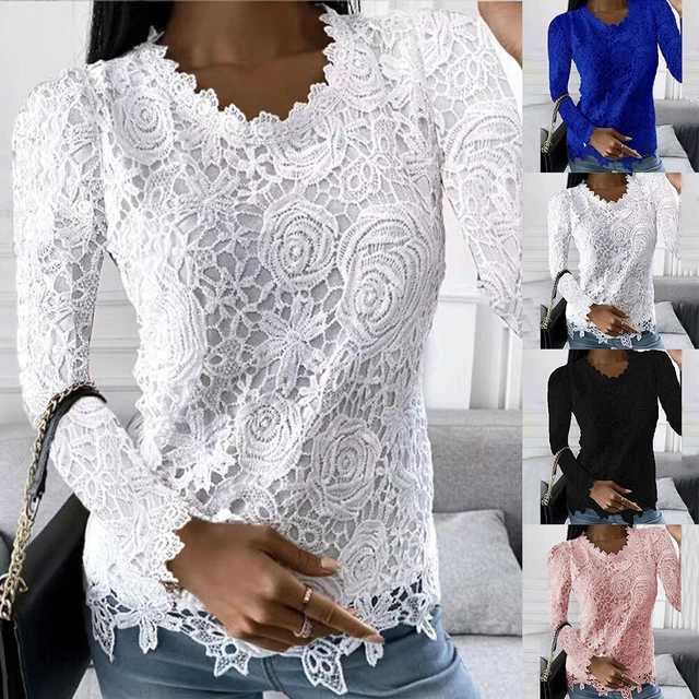 Pizzo Camicia da Donna Taglie Forti Solido Colore Maglietta Camicetta Elegante