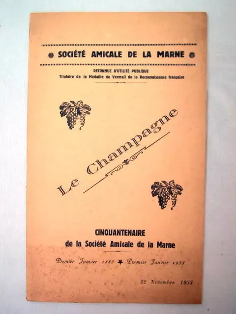 Menu Le Champagne 1933 Société Amicale De La Marne