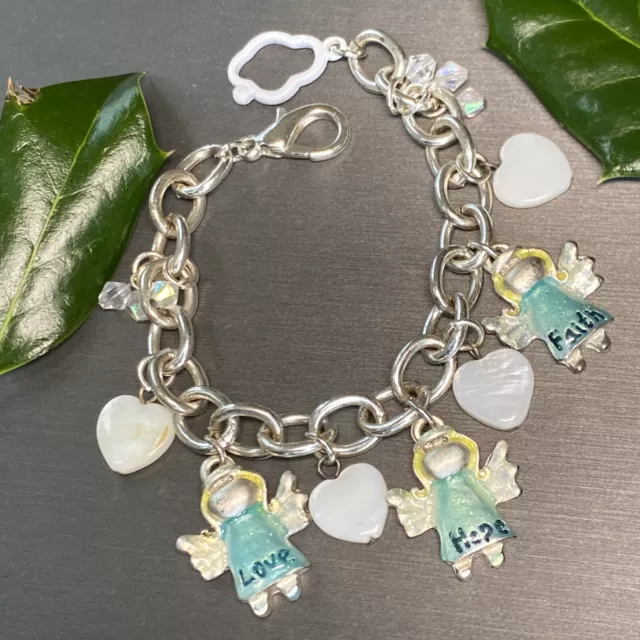 Love Hope Faith Angels Mother of Pearl Hearts Vintage Charm Blue Enamel Bracelet