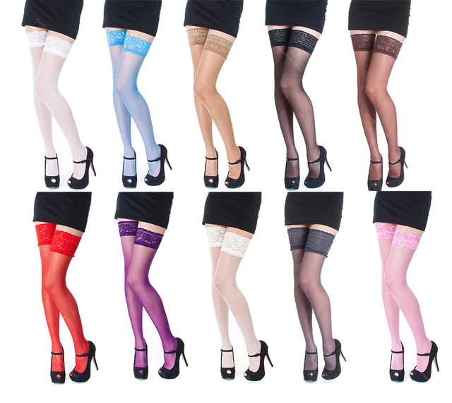 NEW Lace Top 20 Denier Sheer Hold Ups Stockings 17 Various Colours- Sizes S-XL