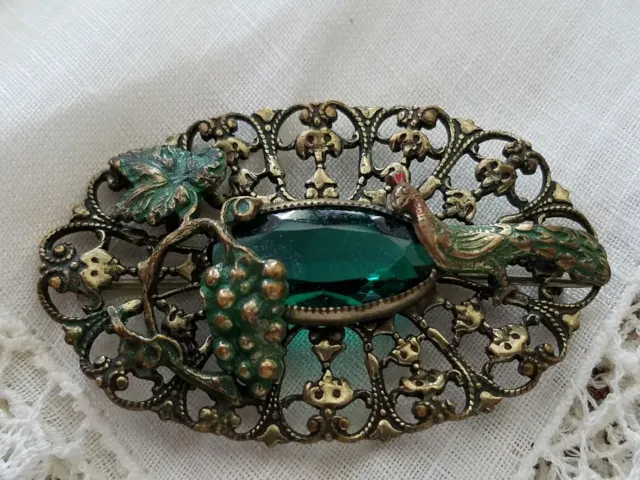 Victorian Filigree Emerald Green Enamel Paint Peacock, Grapes Brass Pin/Brooch