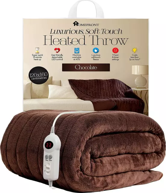 Homefront Heated Throw Electric Over Bed Blanket Luxurious Soft Fleece Washable