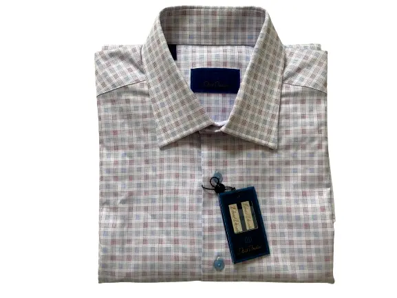 David Donahue Barrel Cuff White/Berry Dress Shirt, Size: 17 32/33, new