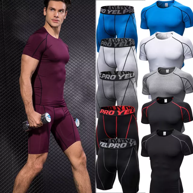 Mens Workout Fitness Tops Shorts Compression Tights Gym Clothes Moisture Wicking