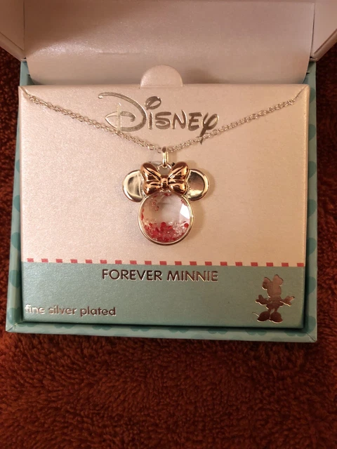 Disney “FOREVER MINNIE” Mouse Fine Silver Plated Crystal Necklace PINK GLITTER