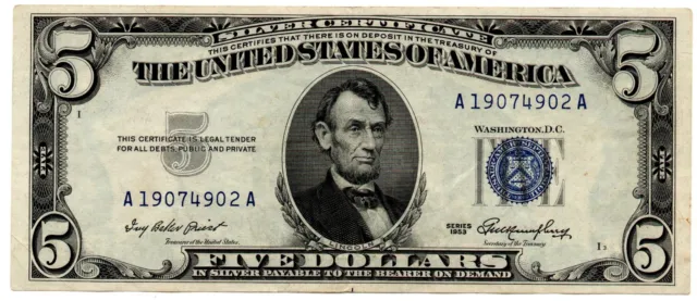Fr 1655 - 1953 $5 Silver Certificate - Blue Seal - Xf - Free Shipping!
